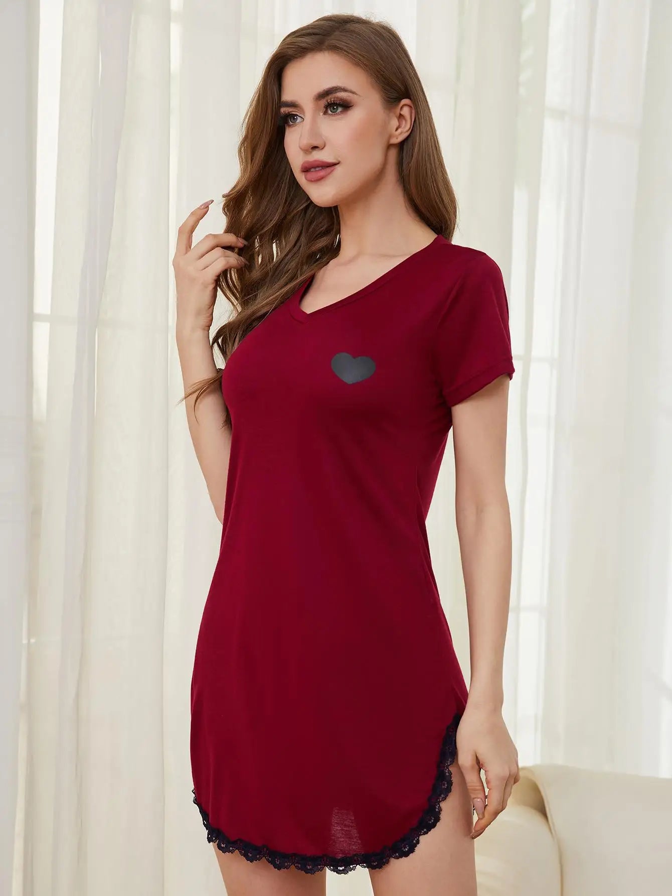 Summer Sleepwear Women Lace Hem Nightdress V-neck Short Sleeve Pajamas Nighties Nightgown Nightwear Side Split Skirt - The Clothing Company Sydney