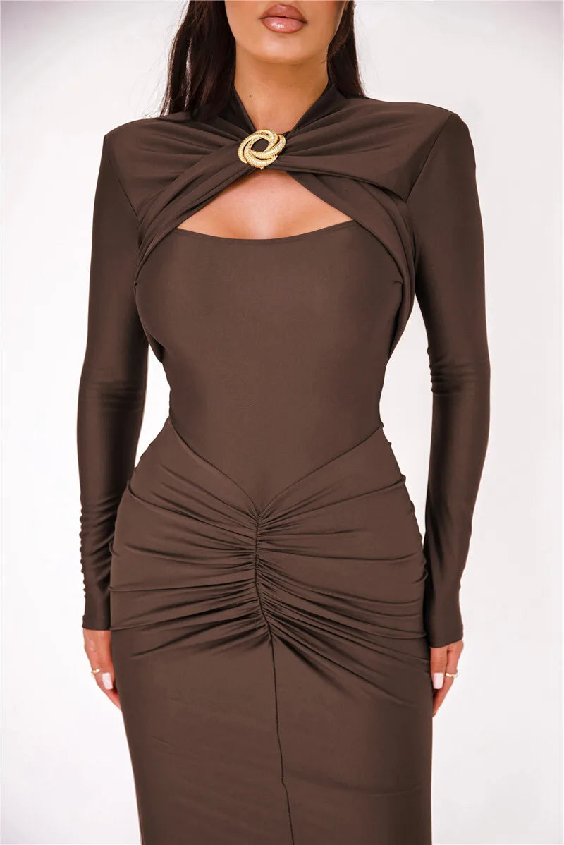 Hollow Out Long Sleeve Maxi Dress Gown Autumn Winter New Metal Buckle Ruched Slit Long Elegant Dress - The Clothing Company Sydney