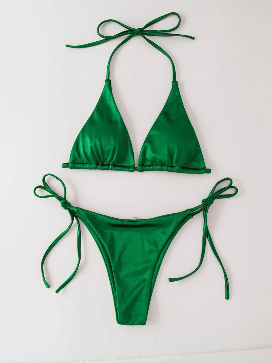 Metallic Halter Triangle Swimsuit Women Swimwear Bathing Suits Brazilian Thong Micro Bikinis Set Beach Wear - The Clothing Company Sydney