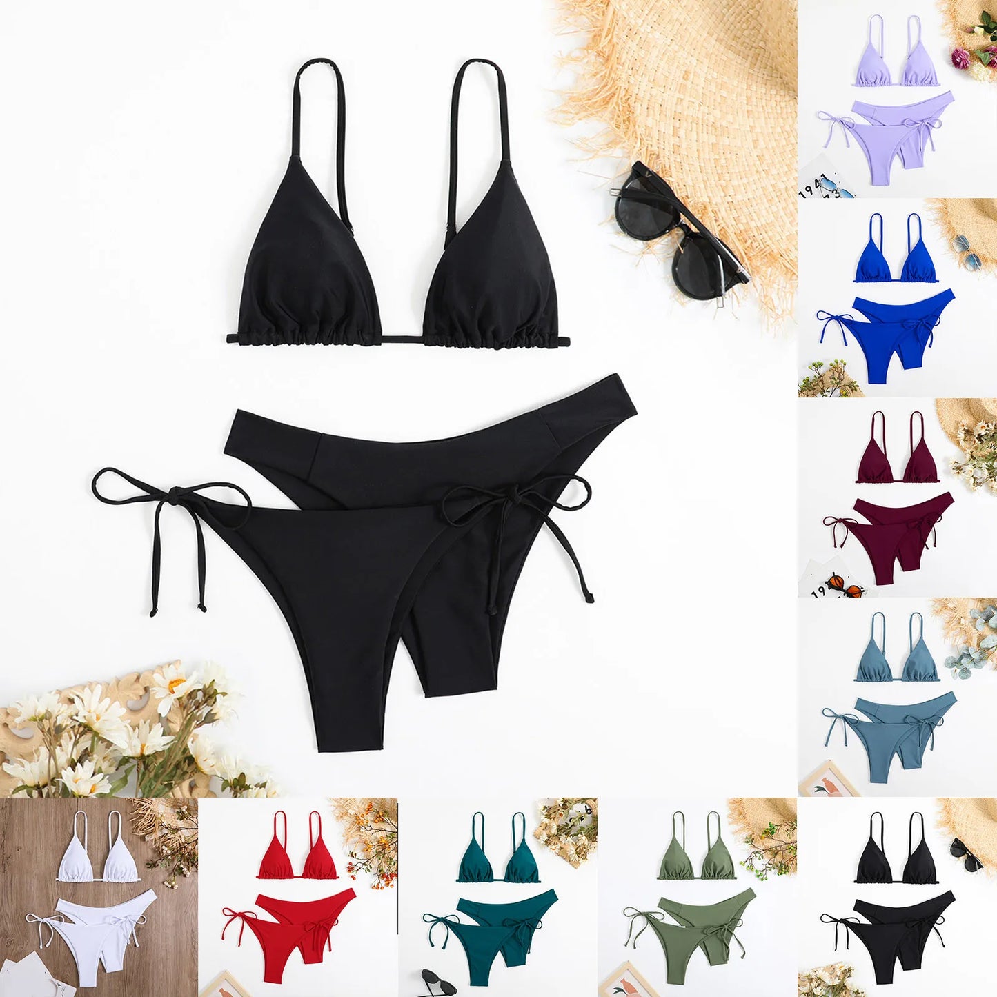 3 Piece Bikini Set Women Solid Blue Purple Push Up Bandage Triangle Swimsuit Brazilian Beach Bathing Suit Swimwear - The Clothing Company Sydney