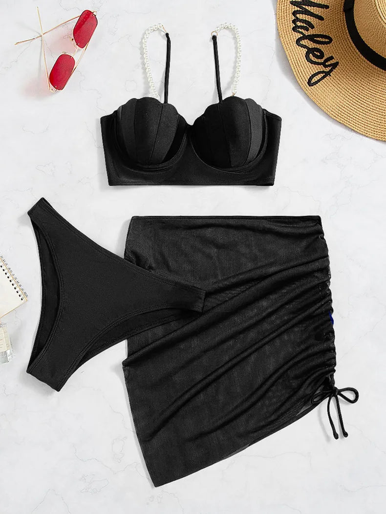 3 Piece Women's Swimsuit Off Shoulder Suspender Pure Cotton Fashion Backless Beach Split Swimwear - The Clothing Company Sydney