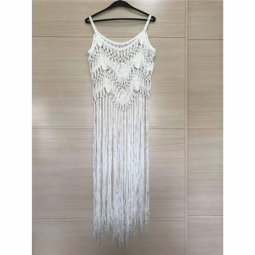 Hollow Out Fringe Tassel Knitted Crochet Tunic Beach Cover Up Cover-ups Beach Dress Beach Wear Beachwear The Clothing Company Sydney