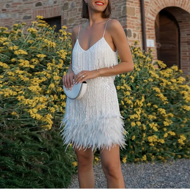 Tassel Sequins Feather Mini Dress Women's Spaghetti Strap Stitching Elegant Evening Party Club Dress - The Clothing Company Sydney