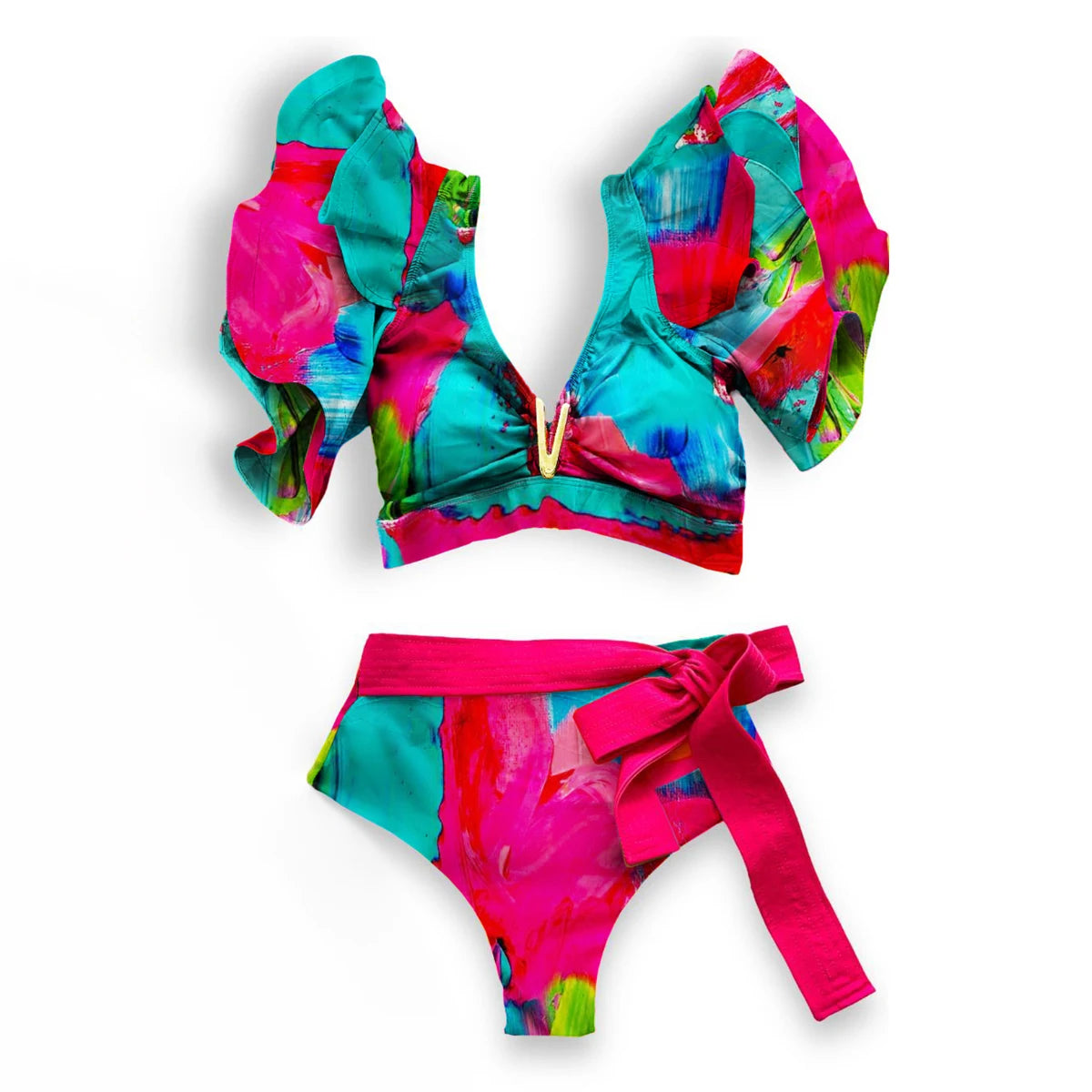 V-Neck High Waist Bikini Sets Shoulder Ruffled Printed Swimsuit Two Piece Swimwear Bathing Suits The Clothing Company Sydney