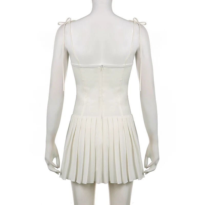 Fashion Chic Fold White Pleated Dress Mini Pins Up Birthday Party Sundress Strappy Corset Summer Dress - The Clothing Company Sydney