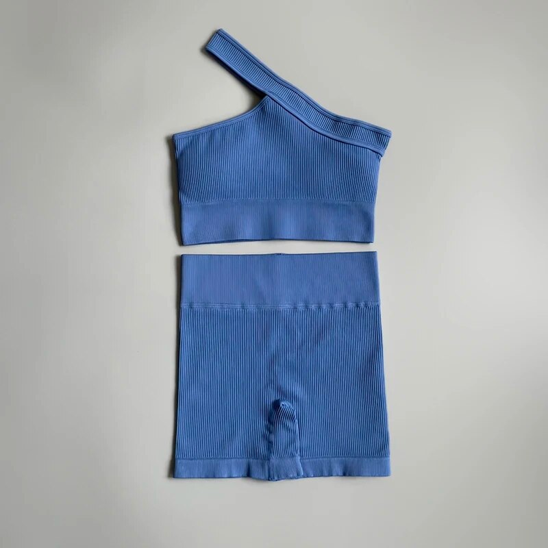 2 Piece Seamless Women Sport Suit Fitness One Shoulder Yoga Set Push Up Bra Workout Gym Shorts Running Clothing Sportswear Tracksuit The Clothing Company Sydney