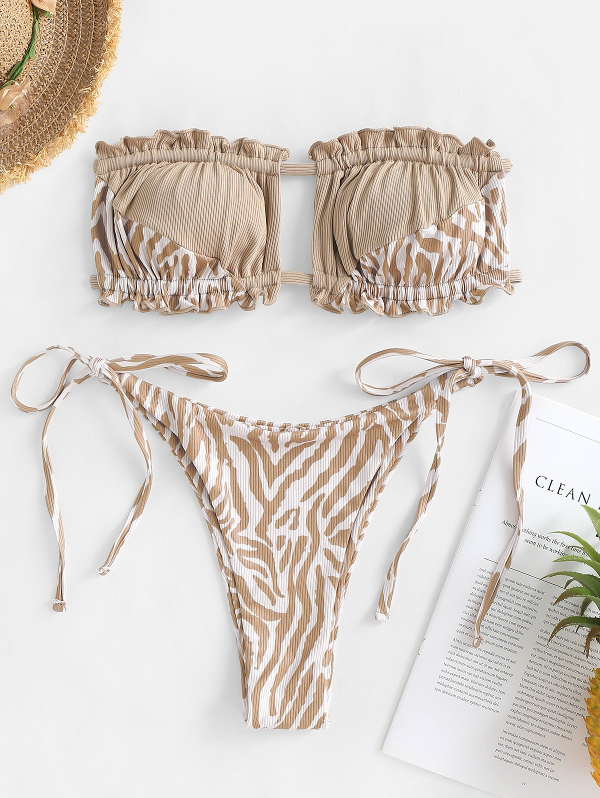 Ribbed Tie Side Bikini Set Animal Spotted Bandeau Two Piece Swimwear The Clothing Company Sydney