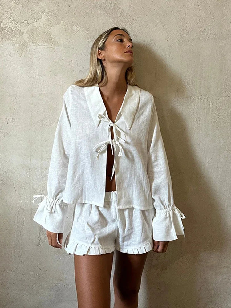 Lace Up Bow Short Sets For Women's Solid V-neck Long Sleeve Blouse Ruffles Shorts Suit Spring Summer Matching Outfit Set - The Clothing Company Sydney