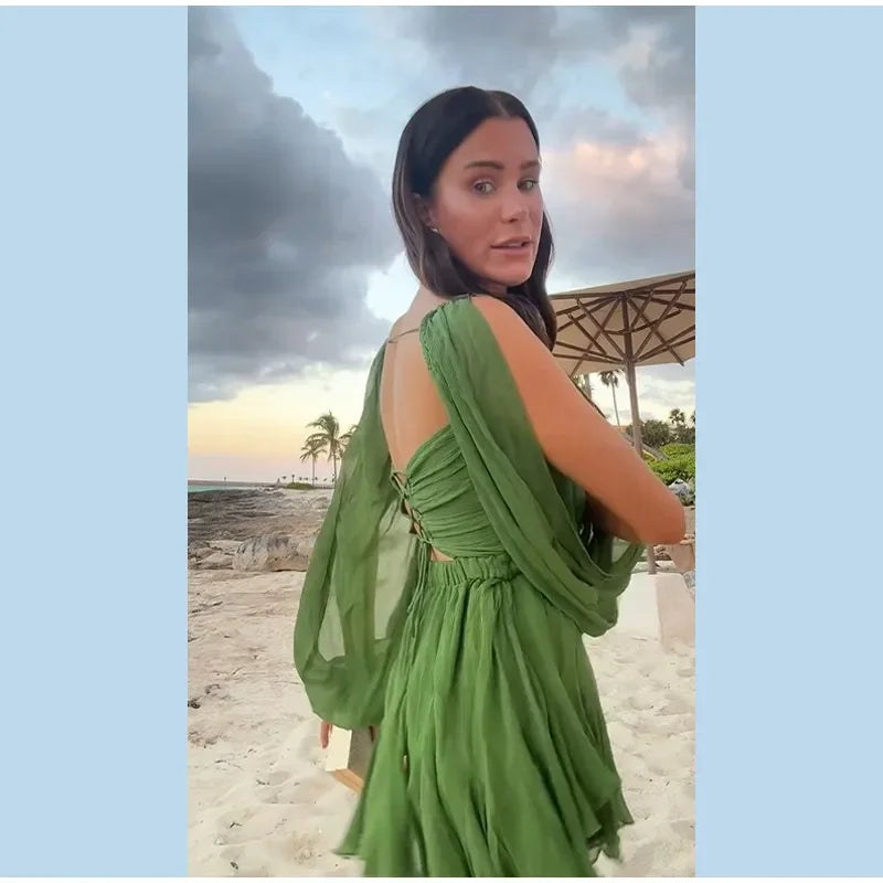 Green Pleated Mini Elegant V-neck Split Long Sleeve A-line Summer Lady Solid Backless Lace Up Dress - The Clothing Company Sydney