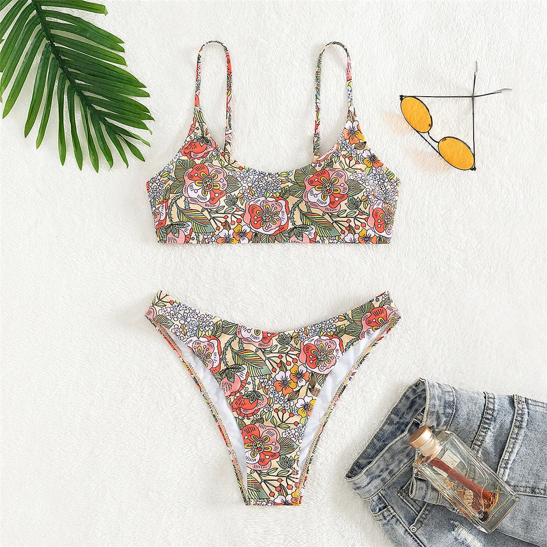 Floral Printed Brazilian Mid Waist Bikini Women Swimwear Swimsuit Two-piece Bikini set Bather Bathing Suit The Clothing Company Sydney