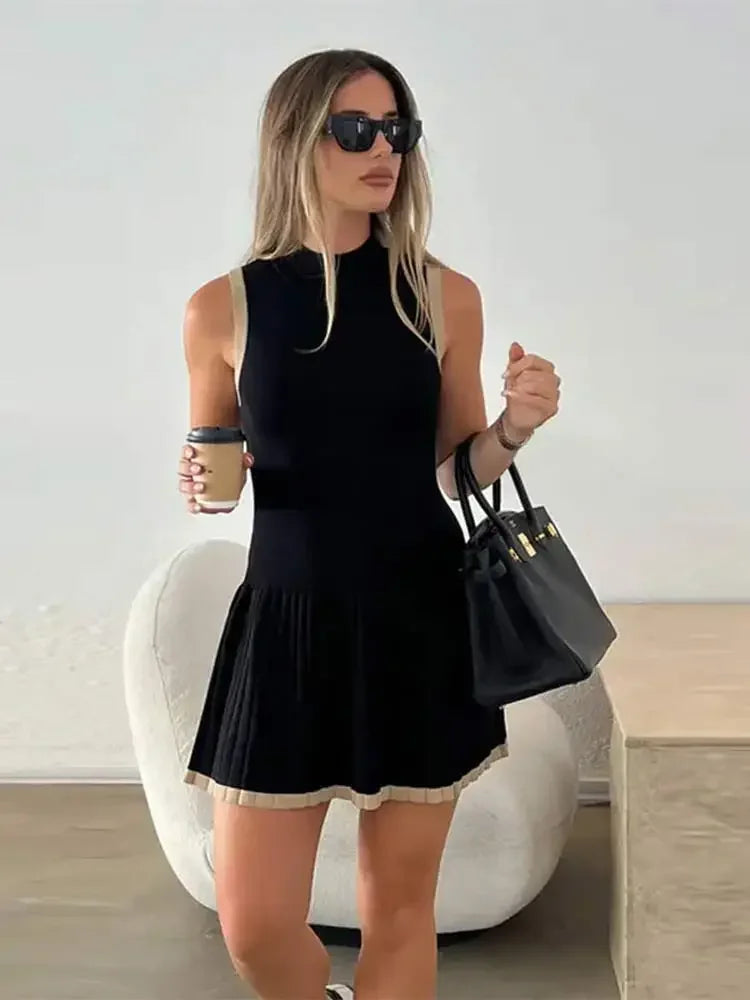 Women's Knitted O-neck Mini Dress Elegant Sleeveless High Waist Pleated Dresses - The Clothing Company Sydney