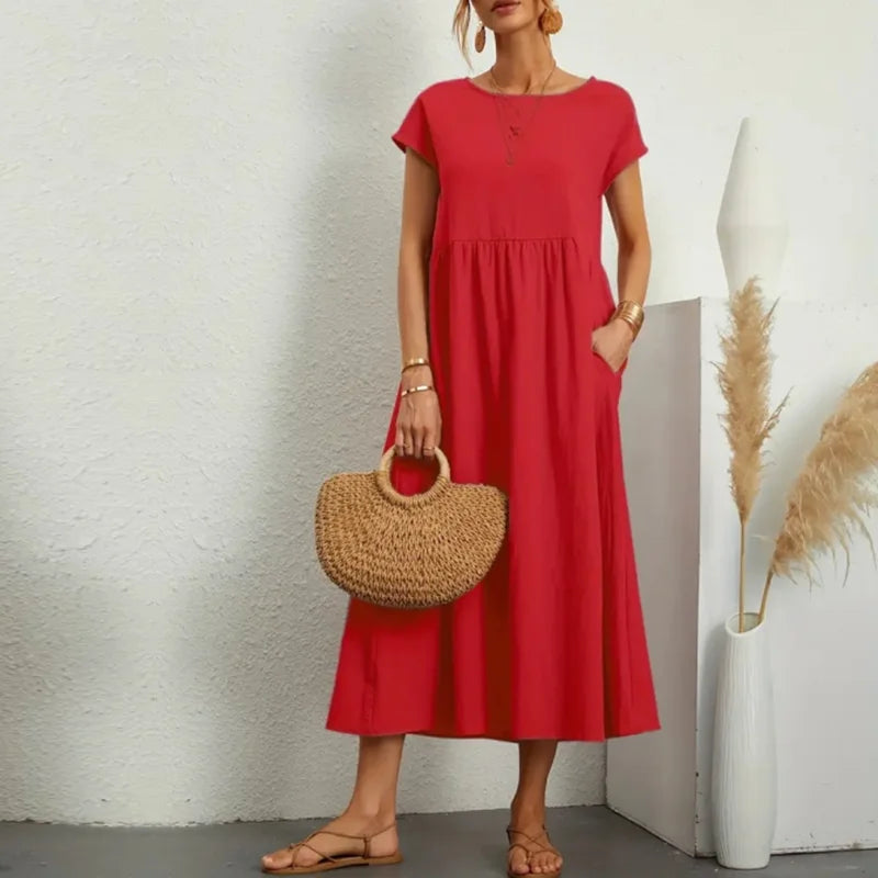 Women's Elegant Dress Summer Short Sleeve O-Neck Vintage Cotton Linen Comfortable Loose Pocket Long Dress - The Clothing Company Sydney