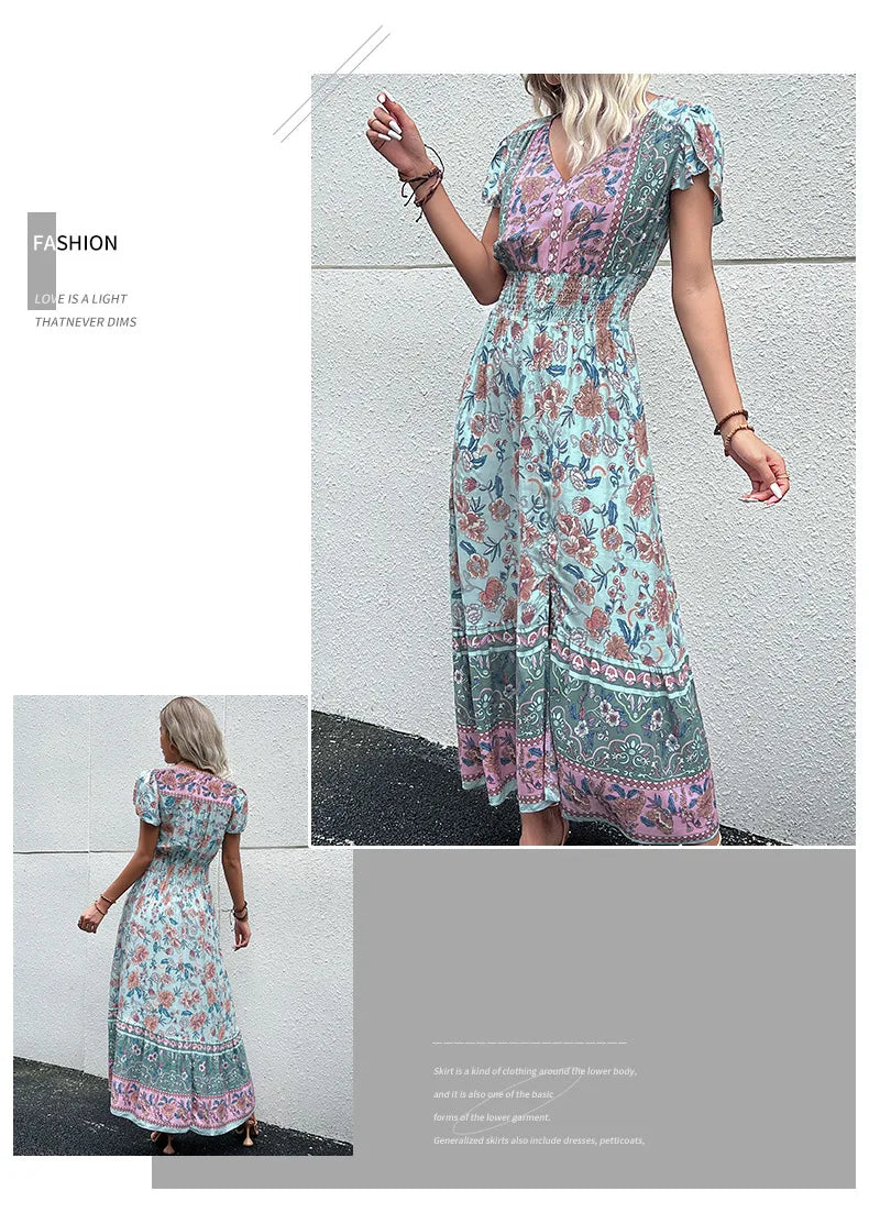 Short Sleeves V Neck Vintage Floral Boho Printed Slit Midi Dresses A Line Bohemian Summer Beach Dress - The Clothing Company Sydney