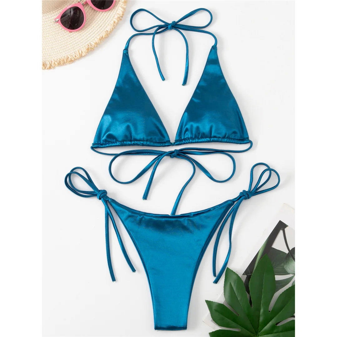 2 Piece Halter Satin Brazilian Bikini Swimwear Swimsuit Two piece Bikini set Bather Bathing Suit - The Clothing Company Sydney