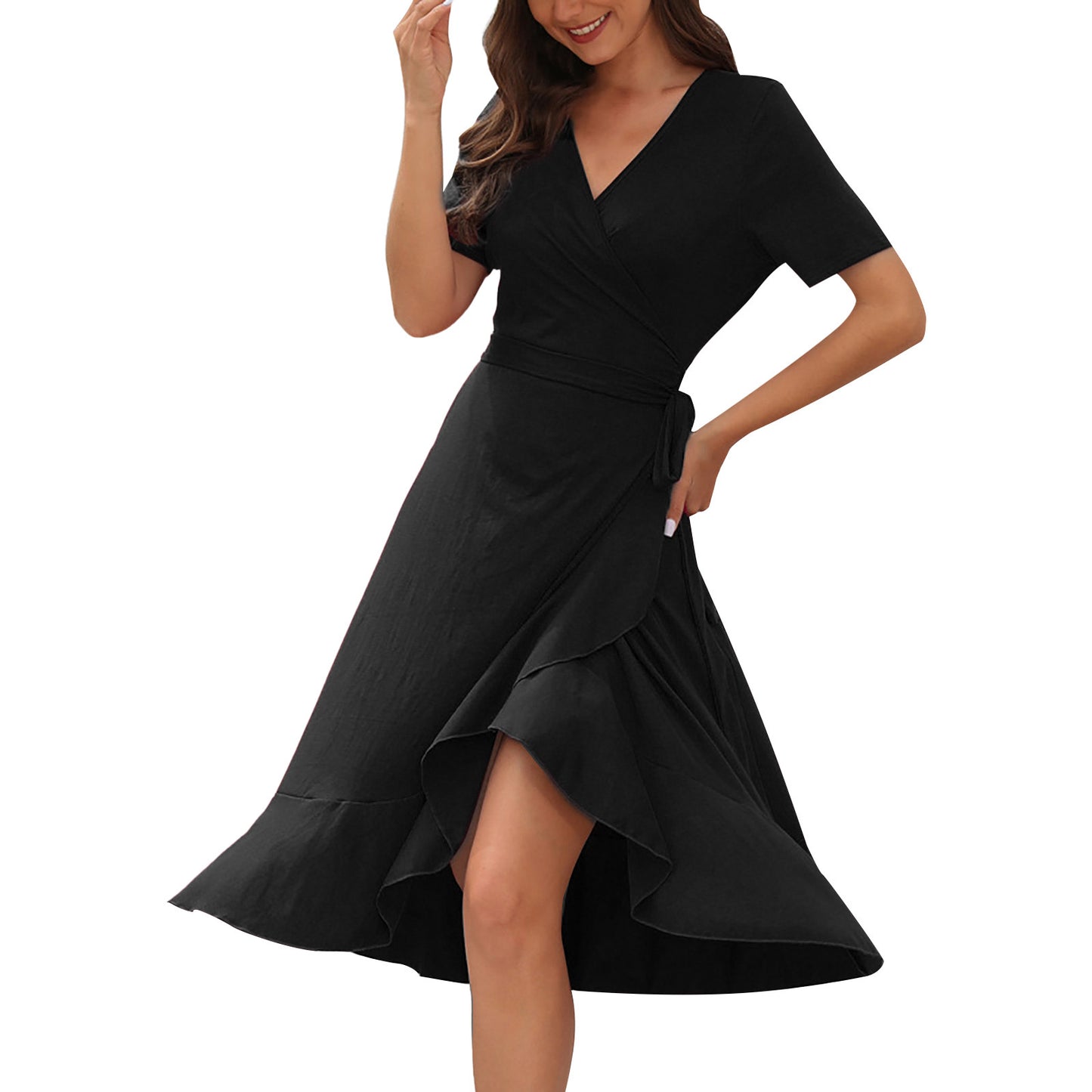 Short Sleeve Ladies Summer Ruffle Hem Slim Wrap Dresses With Belt - The Clothing Company Sydney