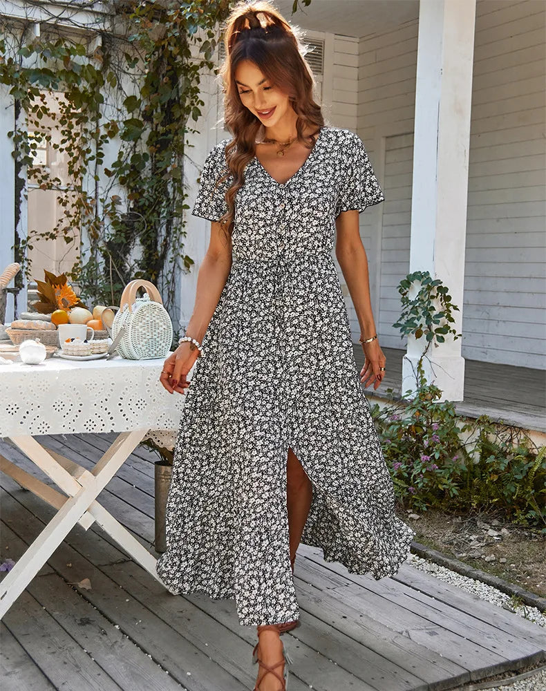 Vintage Floral Dresses for Women Elegant Loose Slit Summer Beach Holiday Leisure Long High Waist Print Dress - The Clothing Company Sydney
