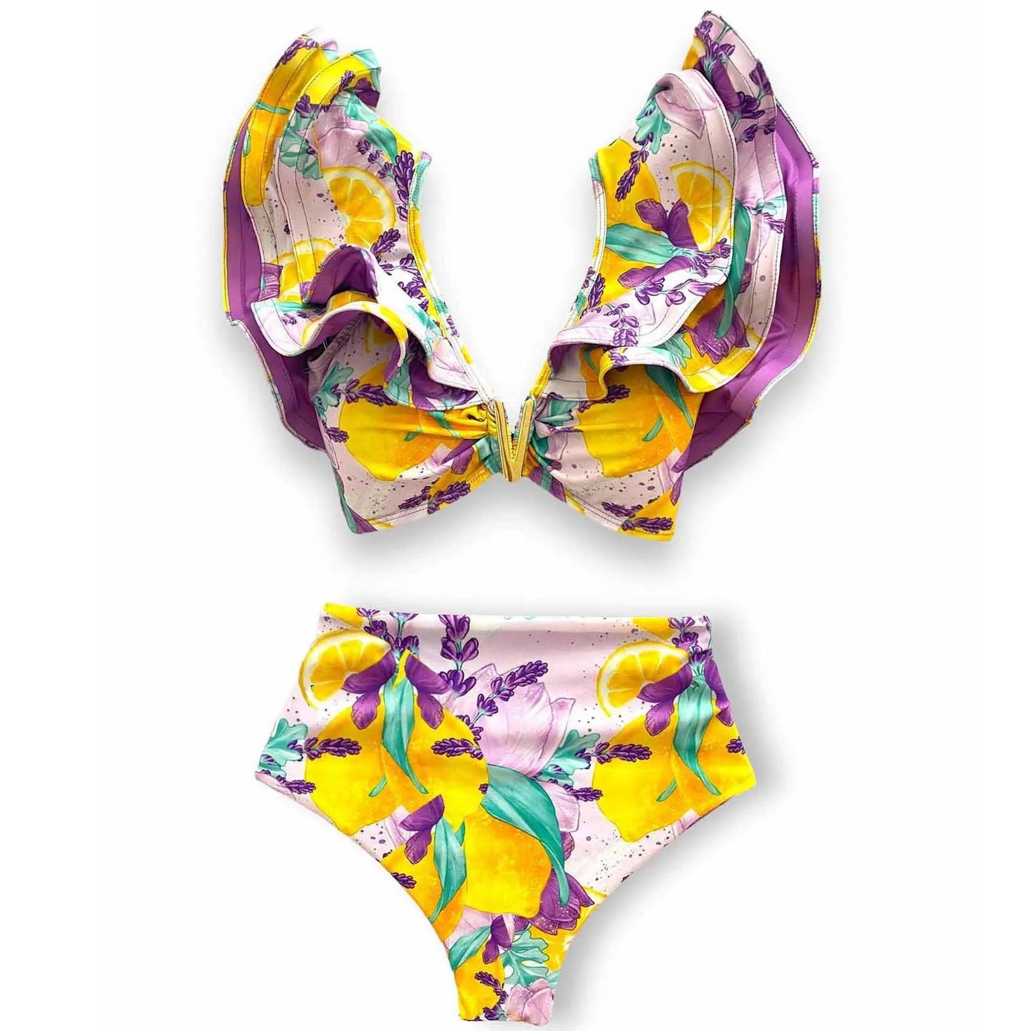 V-Neck High Waist Bikini Sets Shoulder Ruffled Printed Swimsuit Two Piece Swimwear Bathing Suits The Clothing Company Sydney