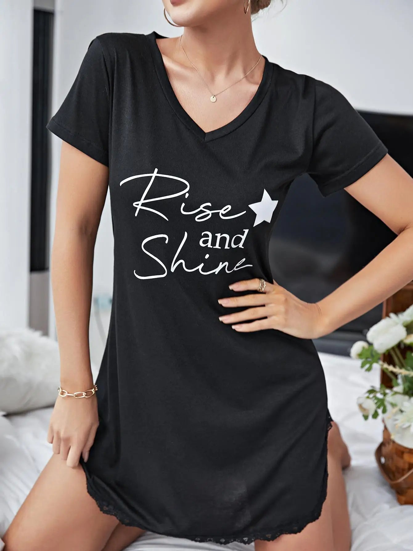 Summer Sleepwear Women Lace Hem Nightdress V-neck Short Sleeve Pajamas Nighties Nightgown Nightwear Side Split Skirt - The Clothing Company Sydney
