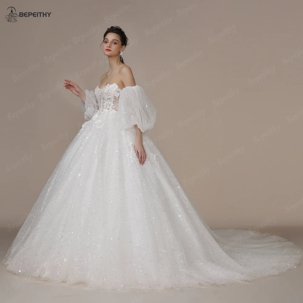 Princess Strapless Ivory Glitter Wedding Dresses Court Train Bride 3D Flower Romantic Shinny Bridal Gown The Clothing Company Sydney