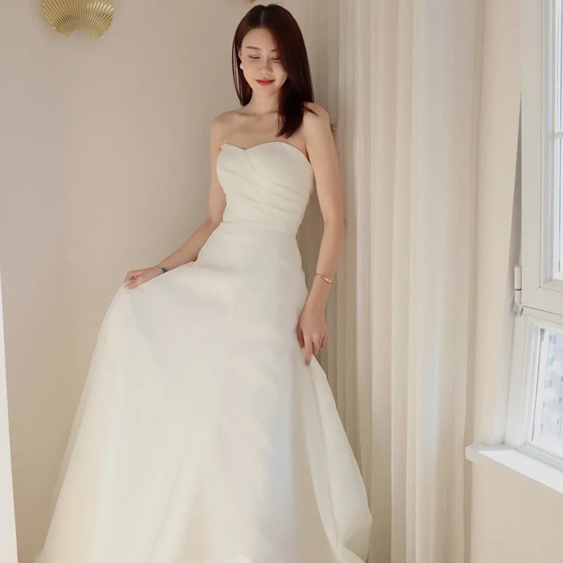 Strapless Elegant A-line Sleeveless Classic Lace Up Small Train Wedding Dress - The Clothing Company Sydney