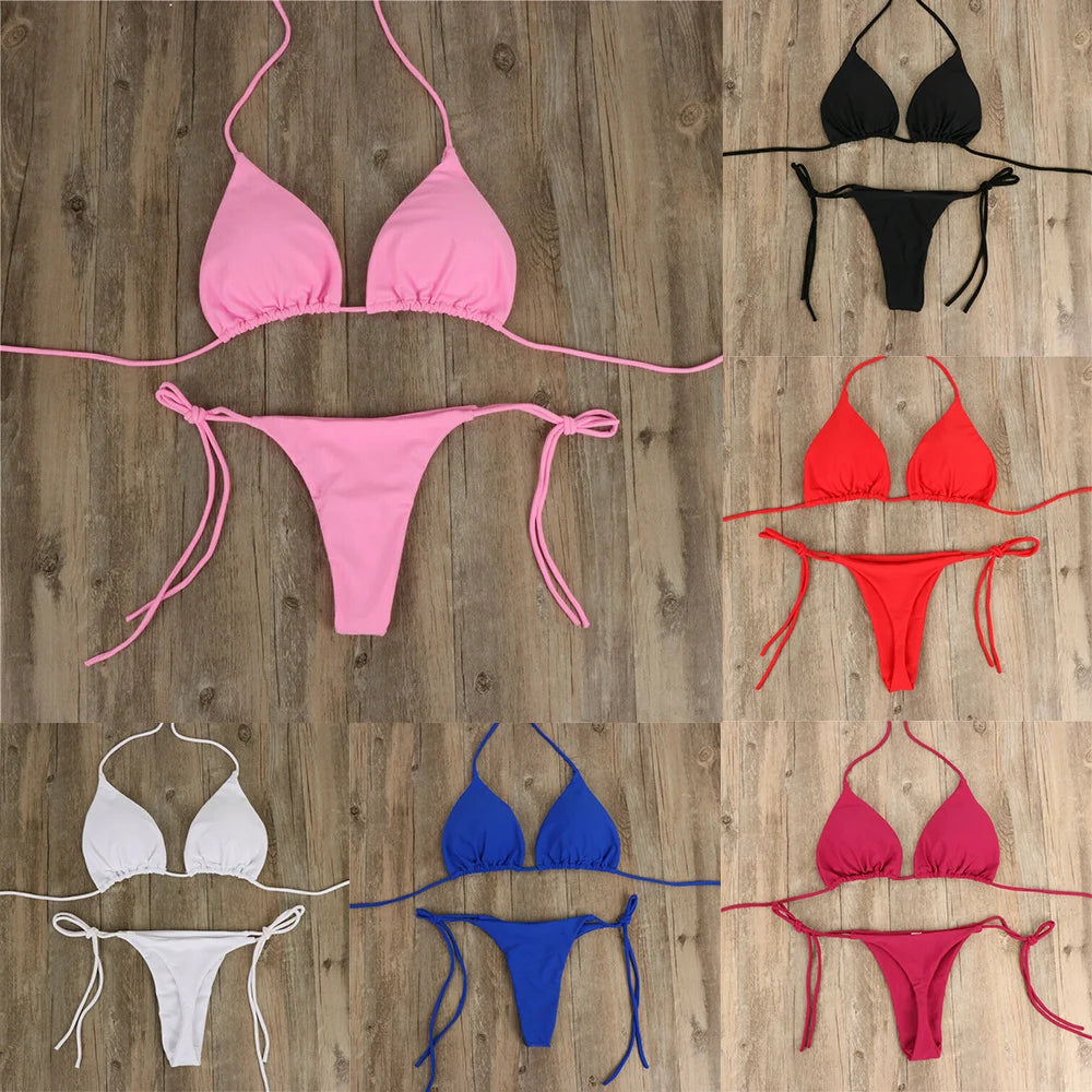 Women's Thong Bikini Set Side Halter Tie Swimsuit Ladies Split Strap Adjustable Bandage Style Brazilian Swimwear Beachwear The Clothing Company Sydney