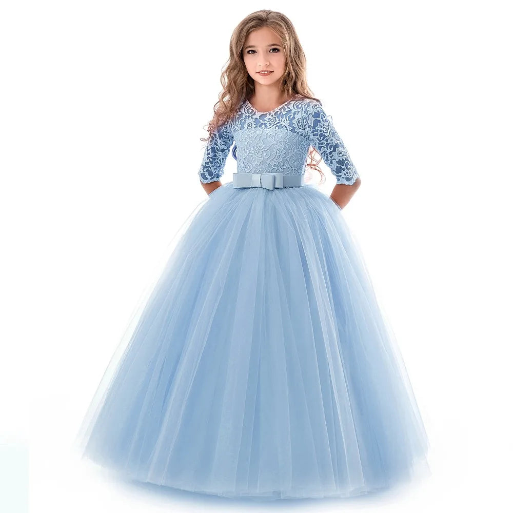 Lace Princess Dress for Girls Long Sleeve Wedding Party Gown Birthday Children Tulle Dress Teenage Formal Long Dress - The Clothing Company Sydney