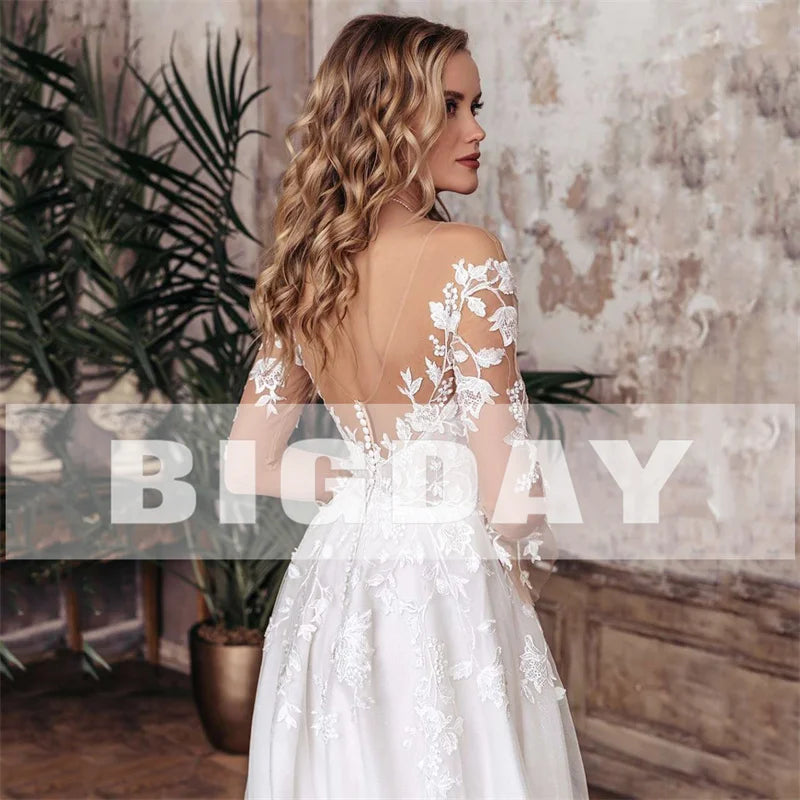 Elegant A-Line Customised Wedding Dress Women Open Back V-Neck Lace Long Sleeve Side Split Tulle Bridal Gow The Clothing Company Sydney