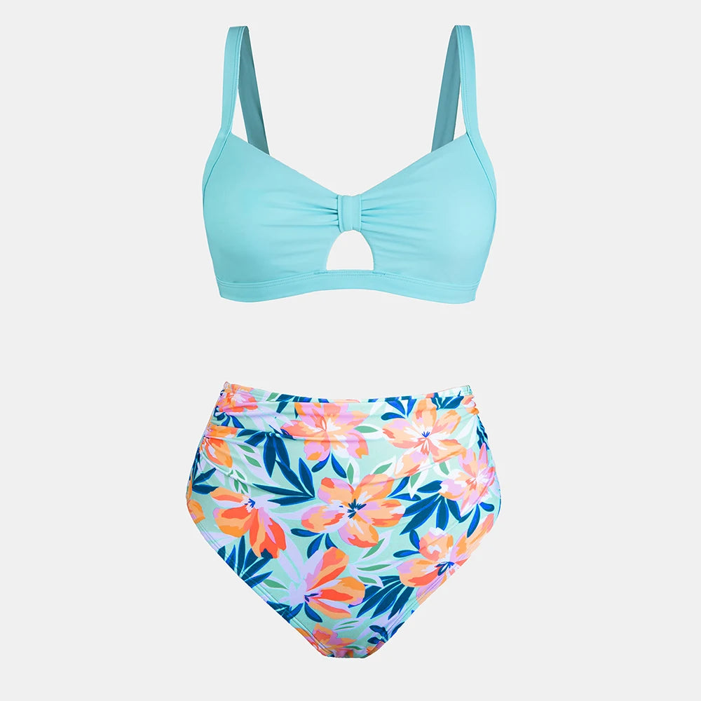 Cut Out Back Tie High Waist Bikini Sets Swimsuit Women Blue Floral Sexy Two Pieces Beachwear 2023 Bathing Suit Swimwear The Clothing Company Sydney