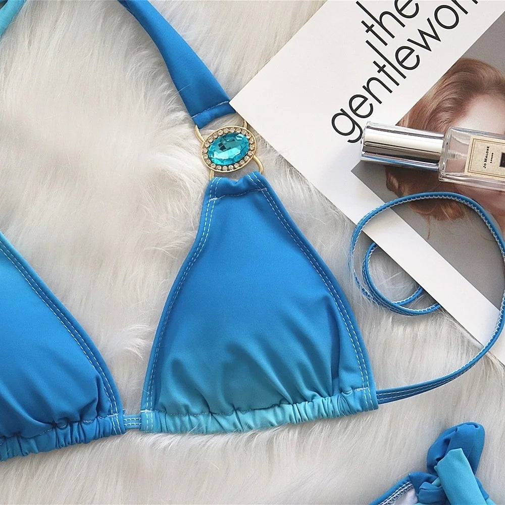 Rhinestone Two 2 Piece Swimsuit Crystal Thong String Bikini Set Women Swimwear Beach Wear Bathing Suit - The Clothing Company Sydney