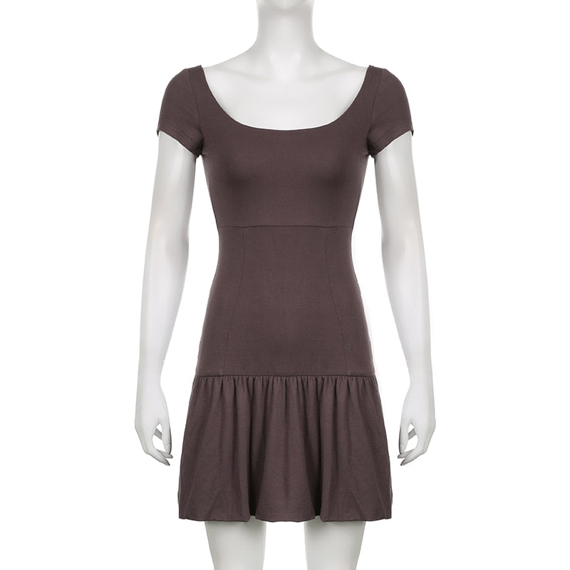 Brown Vintage Y2K Folds Slim Summer Mini Dress for Women Round Neck Dress The Clothing Company Sydney