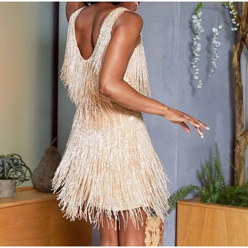 Tassel Sequins Feather Mini Dress Women's Spaghetti Strap Stitching Elegant Evening Party Club Dress - The Clothing Company Sydney