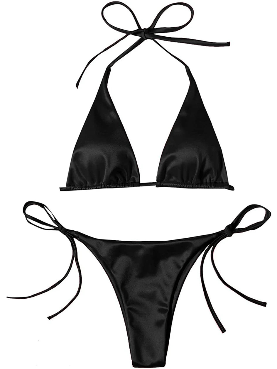 Metallic Halter Triangle Swimsuit Women Swimwear Bathing Suits Brazilian Thong Micro Bikinis Set Beach Wear