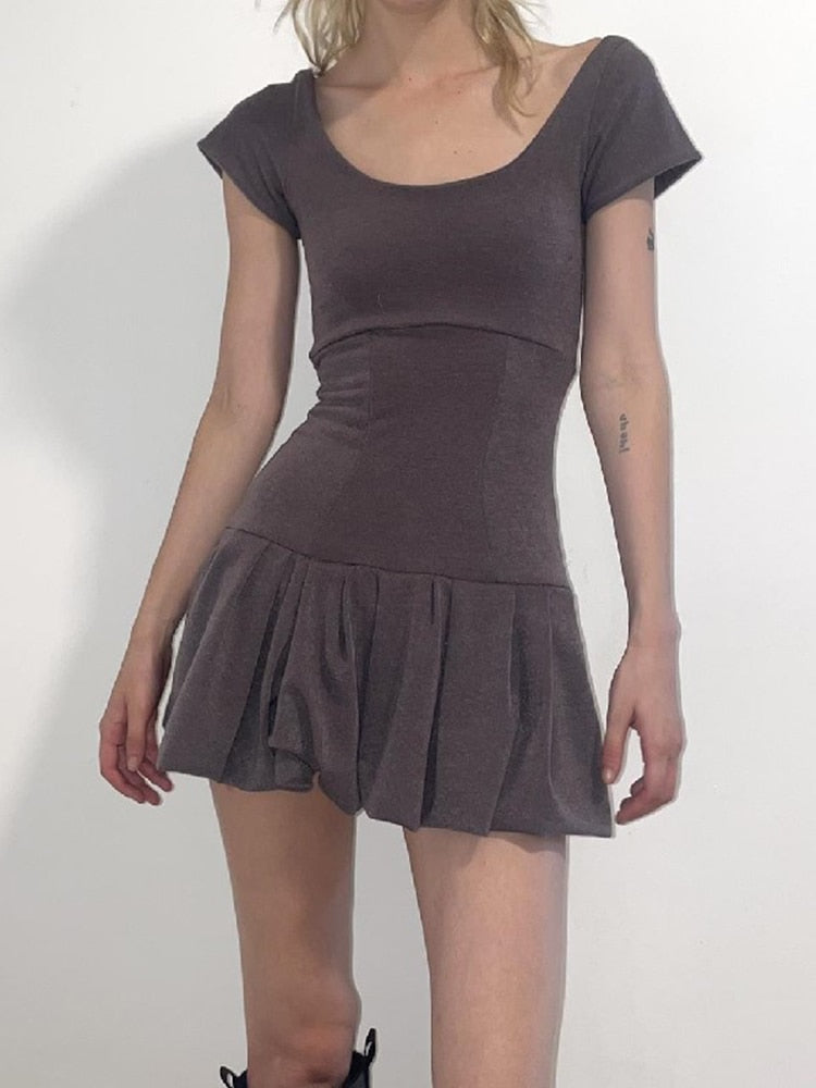 Brown Vintage Y2K Folds Slim Summer Mini Dress for Women Round Neck Dress The Clothing Company Sydney