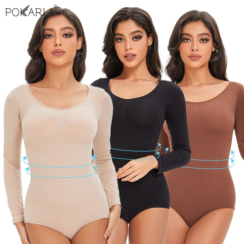 Spandex Elastic Body Suit Shapewear Women Body Shaper Long Sleeve Round Neck Seamless Shapers - The Clothing Company Sydney