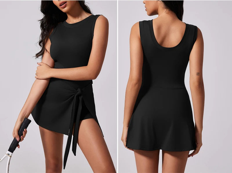 Women's Tennis Dress with Built in Shorts Athletic Dresses Sleeveless Boat Neck Active Workout Skort Dress - The Clothing Company Sydney