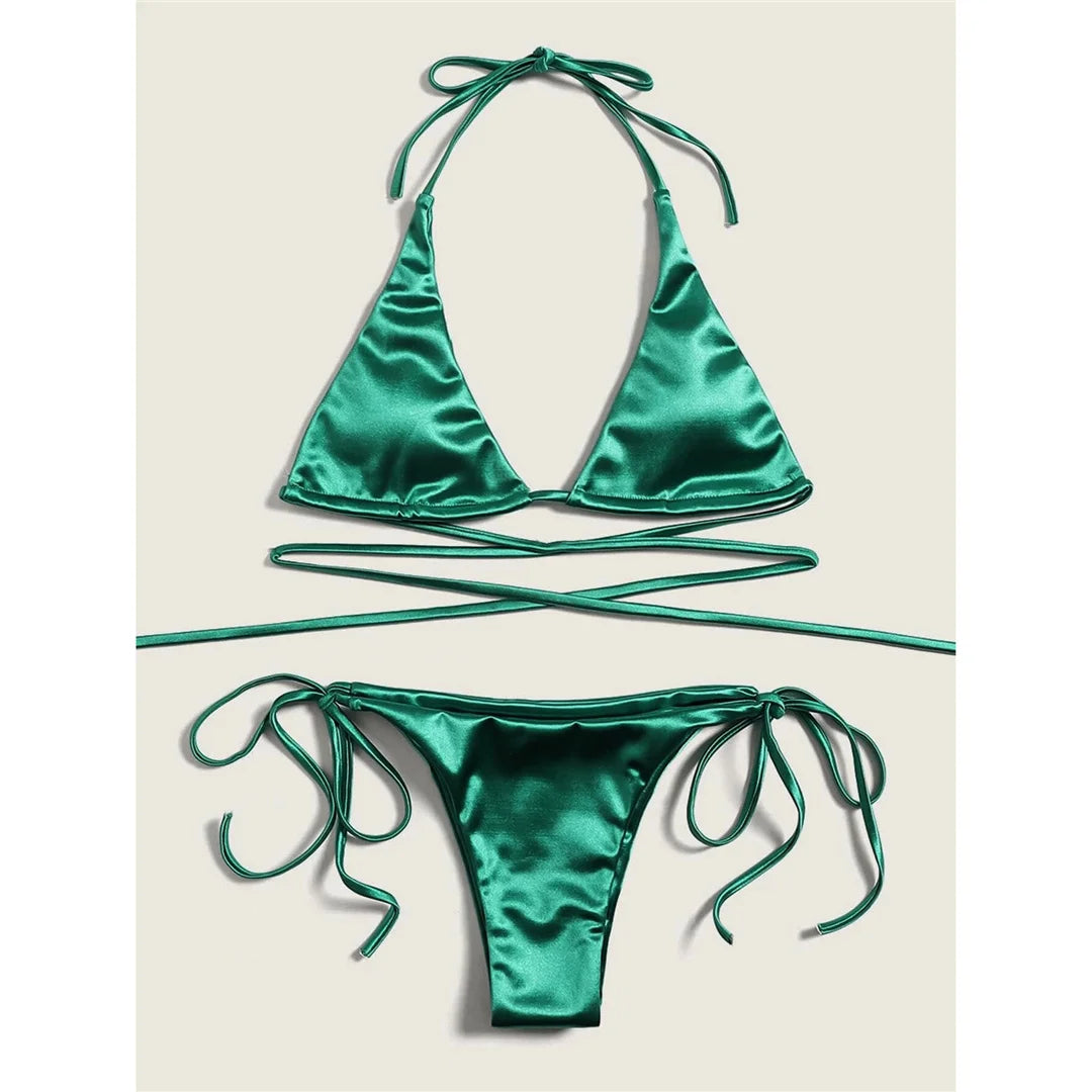 Halter Satin Brazilian Bikini Women Swimwear Female Swimsuit Two-piece Bikini set Bather Bathing Suit The Clothing Company Sydney