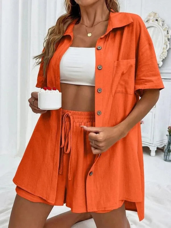Casual Loose Single-breasted Top And Drawstring Shorts Set Fashion Ladies Suits Summer 2 Piece Set  Matching Outfits - The Clothing Company Sydney