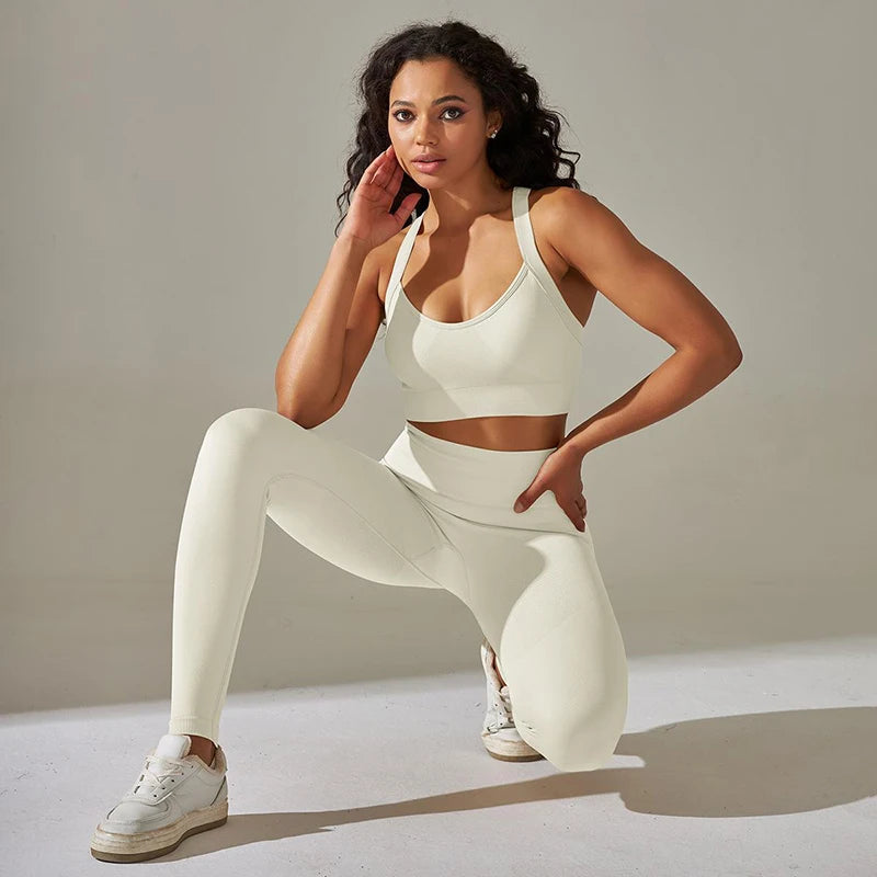 Cross Back Strap Yoga Set Women High Waist Leggings Running Workout Suits Sportswear Seamless Fitness Clothes Tracksuit Set - The Clothing Company Sydney