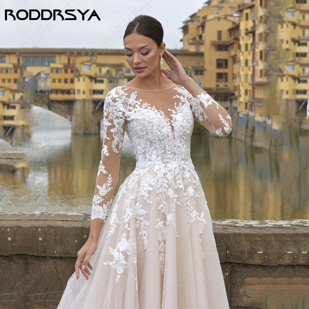 O-Neck Long Sleeves A-Line Tulle Illusion Back Bride Gowns Applique Custom Made Elegant Wedding Dress The Clothing Company Sydney