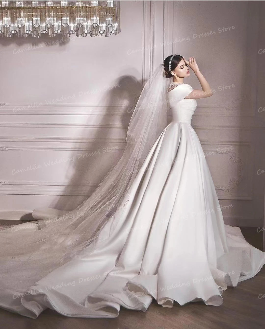 Elegant Women's A Line Beads Off The Shoulder Bridal Gowns Formal Sweep Train Wedding Dress - The Clothing Company Sydney