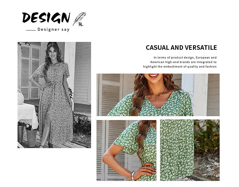 Vintage Floral Dresses for Women Elegant Loose Slit Summer Beach Holiday Leisure Long High Waist Print Dress - The Clothing Company Sydney