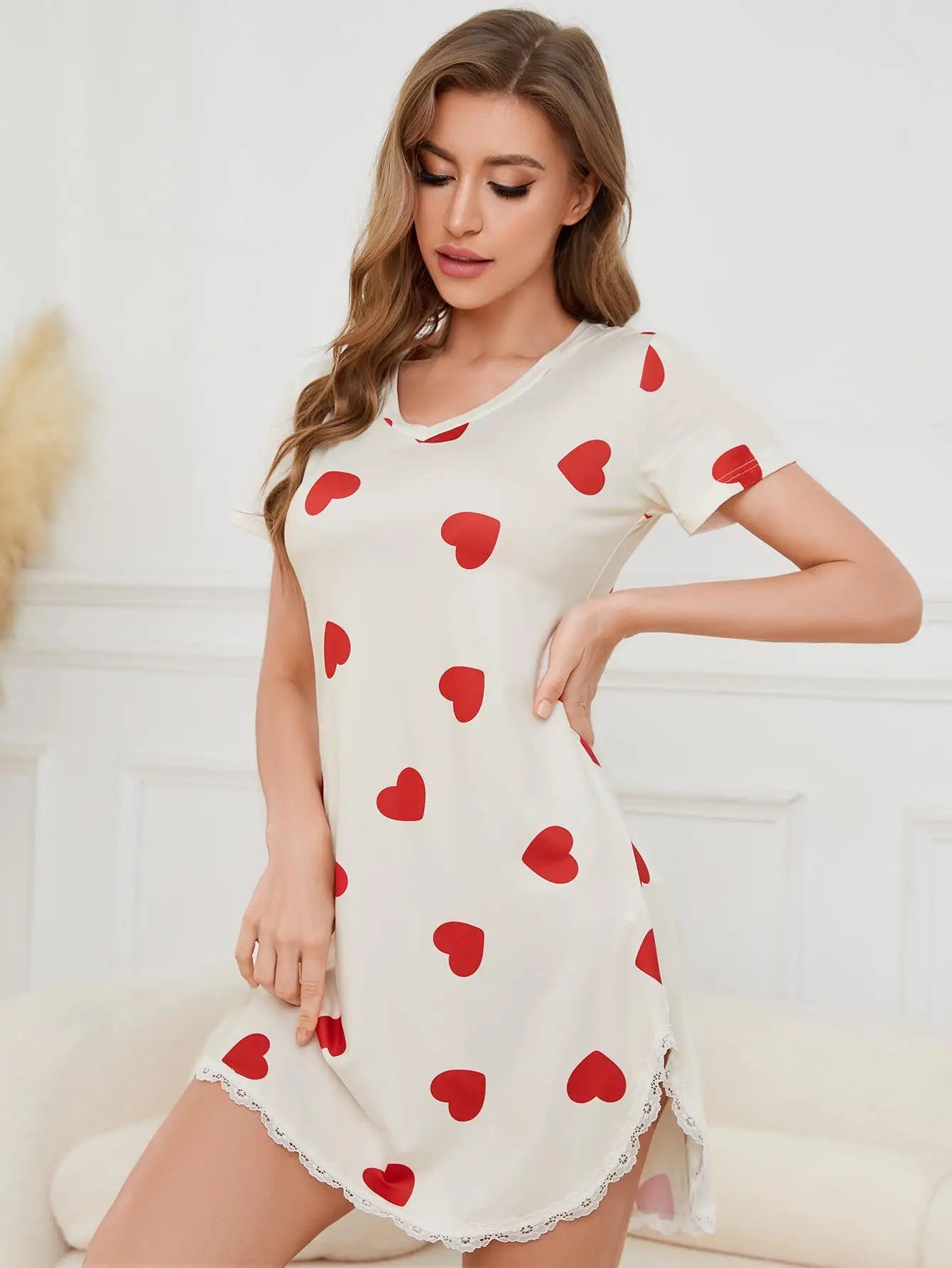 Summer Sleepwear Women Lace Hem Nightdress V-neck Short Sleeve Pajamas Nighties Nightgown Nightwear Side Split Skirt - The Clothing Company Sydney