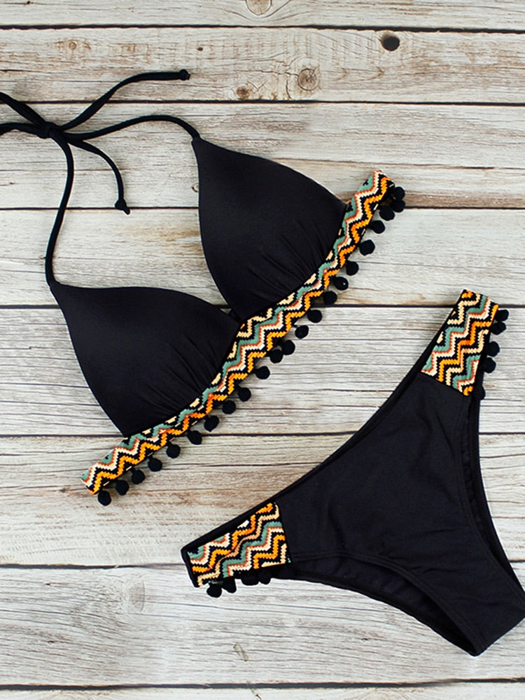 2 Piece Push Up Bikini Swimwear Women Tassel Black Ball Leopard Swimsuit Bathing Suit Bikinis Set Biquini Brazilian Beach Wear The Clothing Company Sydney