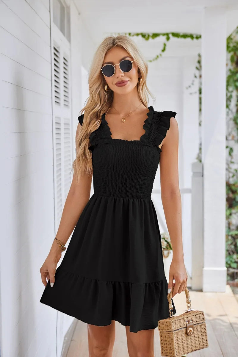 Womens Summer Casual Boho Sleeveless Backless Square Neck Smocked Ruffle Mini Dress A-Line Swing Sundress - The Clothing Company Sydney