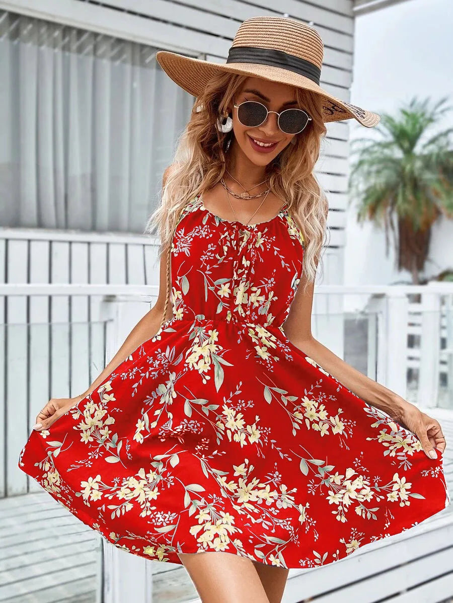 Floral Print Short Dress Women Summer Backless Beach Sundress Casual Sleeveless Lace-up Dresses - The Clothing Company Sydney