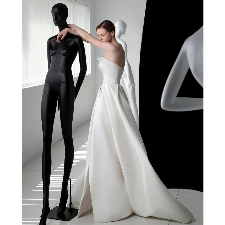 Luxury White Satin Trailing Wedding Dresses Women Elegant Strapless Long Prom Party Bridal Dress - The Clothing Company Sydney