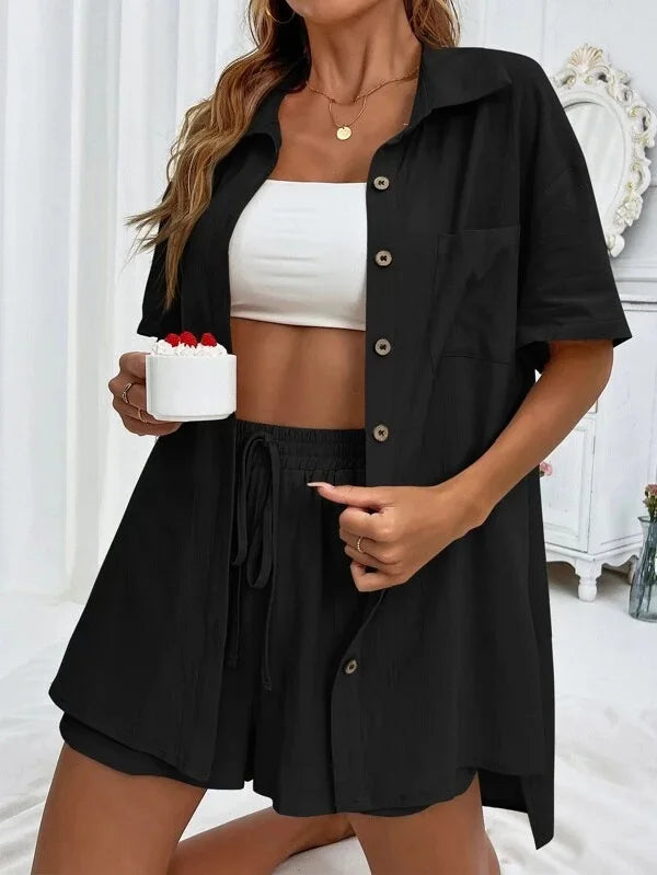 Casual Loose Single-breasted Top And Drawstring Shorts Set Fashion Ladies Suits Summer 2 Piece Set  Matching Outfits - The Clothing Company Sydney