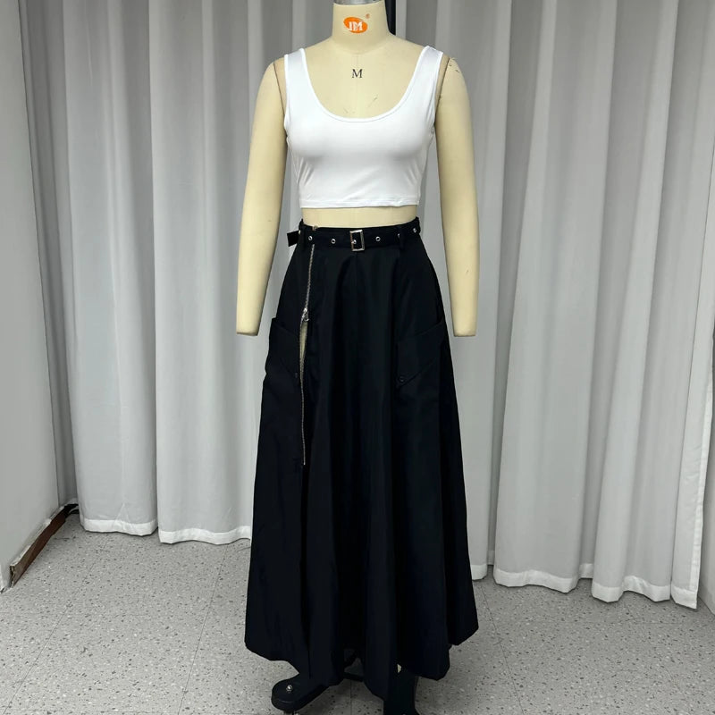 2 Piece Women's Solid Round Neck Sleeveless High Waist Vest Slim Top Loose With Pockets Zipper Long Skirt Matching Outfit Sets - The Clothing Company Sydney