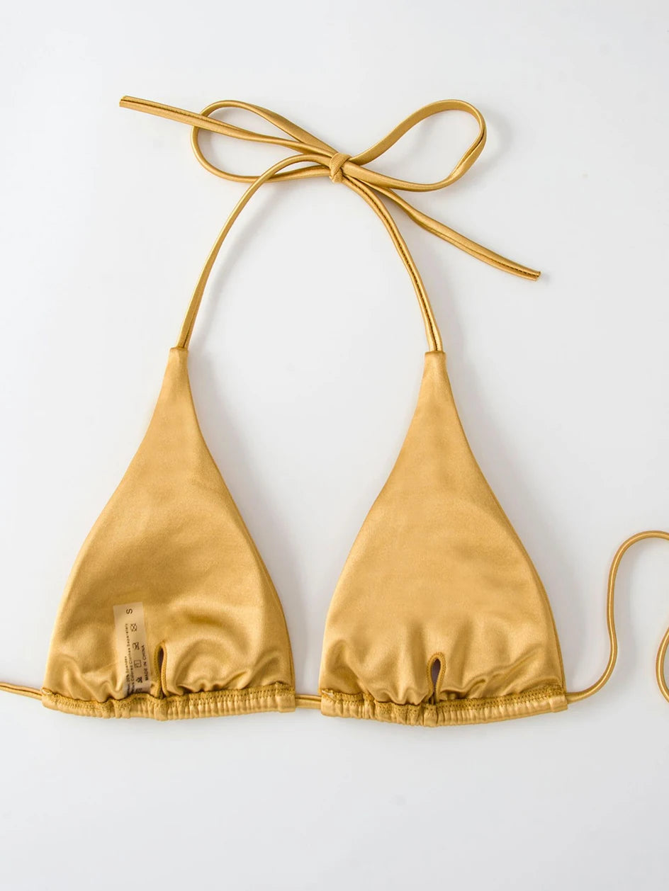 Metallic Halter Triangle Swimsuit Women Swimwear Bathing Suits Brazilian Thong Micro Bikinis Set Beach Wear - The Clothing Company Sydney