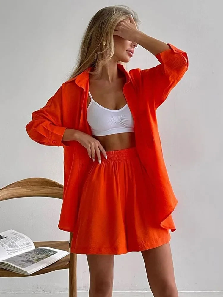 Summer Women's Suit Cotton Casual Shorts and Shirts 2 Piece Matching Outfit Set Linen Fashion Blouse Women's Suit - The Clothing Company Sydney